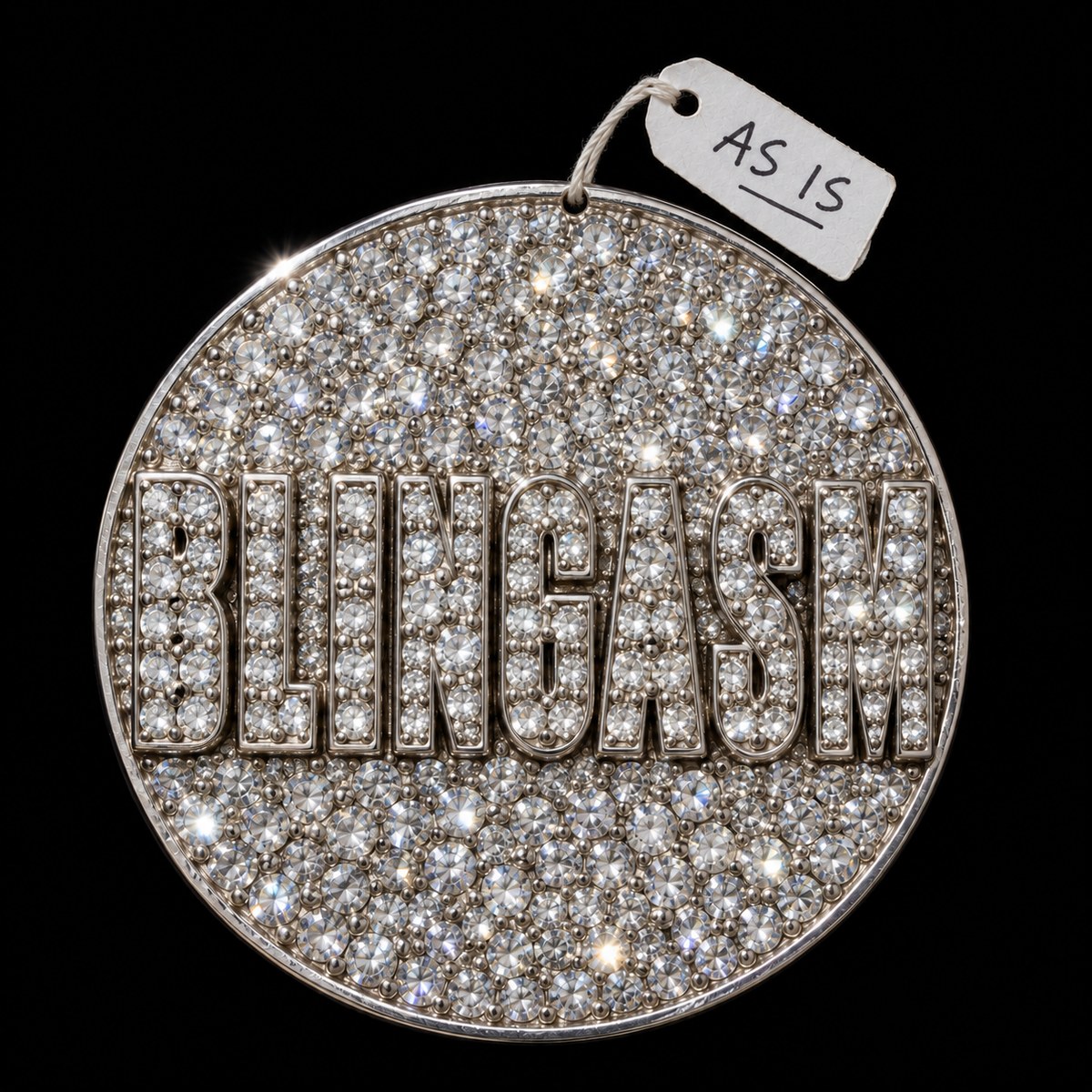 A round coin paved in rhinestones, BLINGASM set across it in stones, a paper tag hanging off it reading AS IS